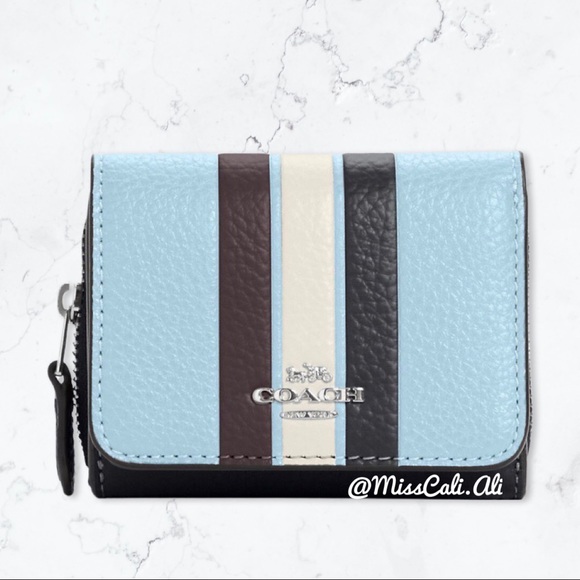 NWT COACH Small Trifold Wallet In Colorblock With Stripe Twilight Blue - Picture 1 of 15